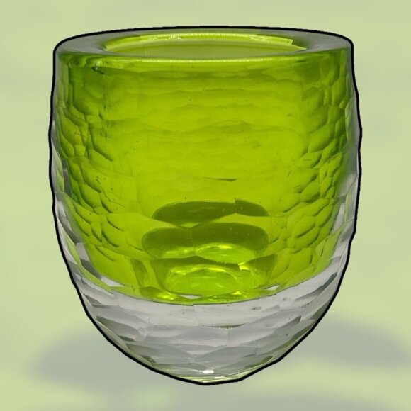 Faceted Green and Clear Art Glass Votive Holder Heavy Quality Glass Collectible - Picture 14 of 15